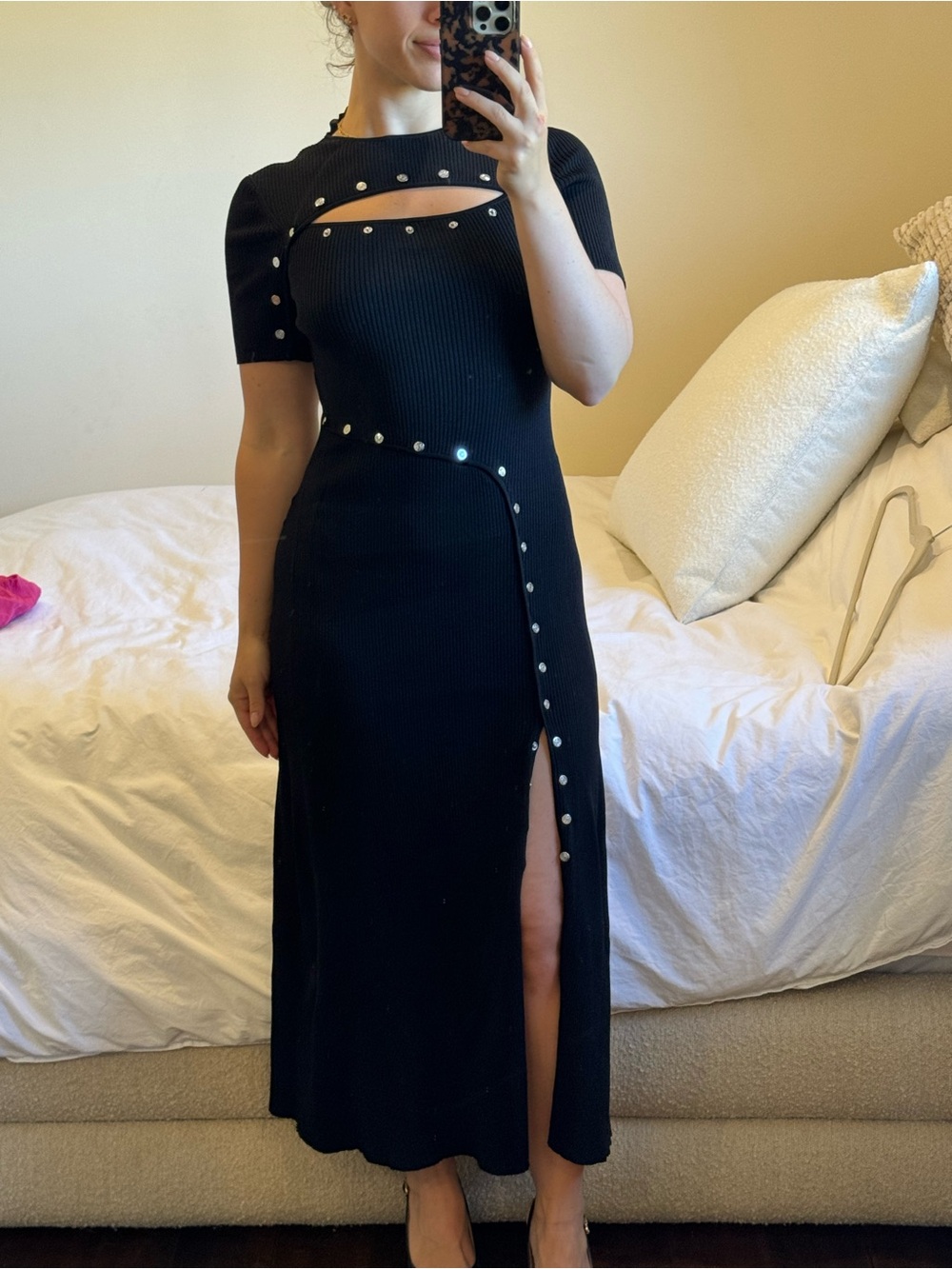 Maje Black Ribbed Midi Dress with Stud Trim and Side Slit